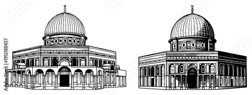 Hand drawn sketch illustration of the Dome of the Rock and Al-Aqsa Mosque in Jerusalem