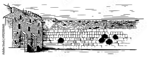 Artistic hand drawn sketch of the Western Wall in Jerusalem showing the ancient stone construction