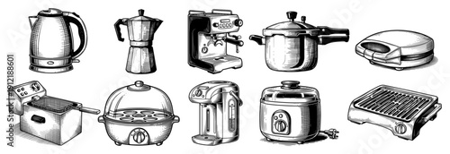 Large collection of small kitchen appliances and modern cooking equipment in vintage sketch style