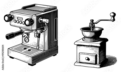 Professional espresso coffee machine and traditional manual coffee grinder in detailed sketch style