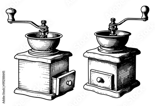 Detailed engraving style illustration of two traditional manual wooden coffee grinders