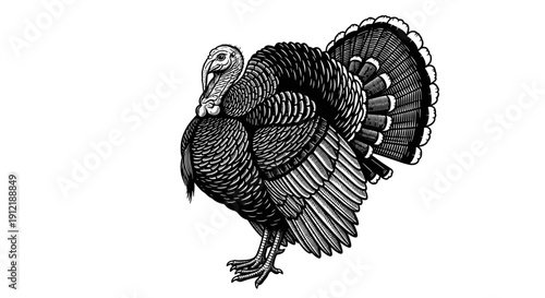 Vintage Engraving of a Majestic Male Turkey Displaying its Feathers.