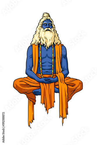 Ancient bearded yogi floating in deep meditation with rudraksha beads isolated on white