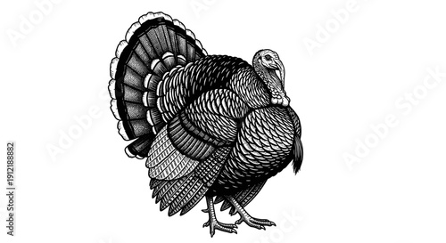 Vintage Engraving of a Majestic Turkey Displaying its Fan Tail Feathers.