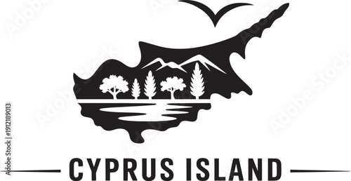 Cyprus island vector map logo with mountains, trees, water, and a flying bird