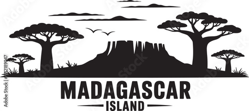 Madagascar island silhouette baobab trees on rocky outcrop with birds flying above