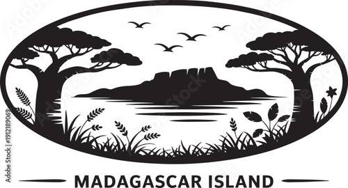 Madagascar island vector logo featuring baobab trees, mountains, water, birds, and grass