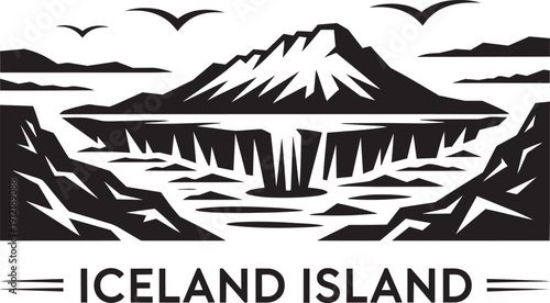 Iceland island silhouette of mountains reflecting in water with birds flying above