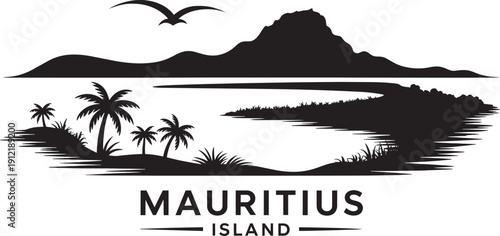 Mauritius island silhouette tropical beach palm trees river and mountain background