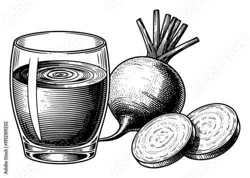 Beetroot juice in a glass with fresh beet root and slices in engraving style