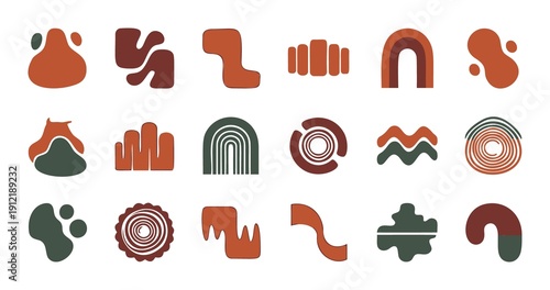 A collection of abstract organic shapes and simple geometric forms in earthy tones