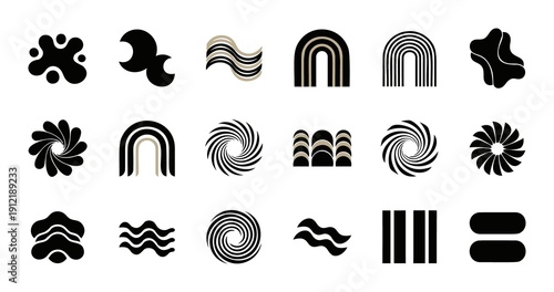Collection of abstract geometric shapes and organic forms in black and beige hues