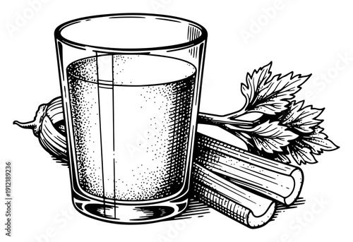 Hand drawn sketch illustration of a glass of fresh celery juice with vegetable stalks