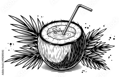 Artistic vintage sketch of a tropical coconut drink with a straw and palm leaves