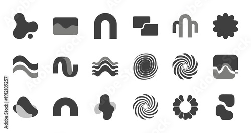 Collection of abstract modern design elements and graphic symbols in grayscale tones