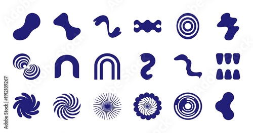 Collection of abstract blue organic and geometric shapes isolated on a white background