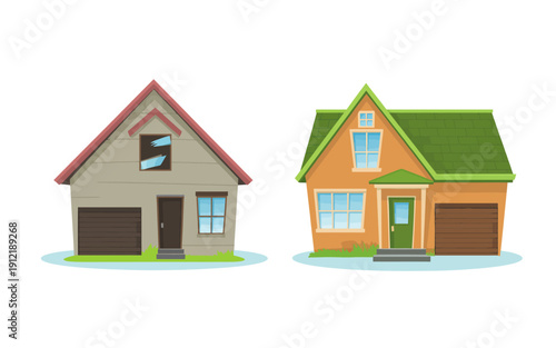 Cartoon houses dilapidated with broken window and well maintained and colorful home