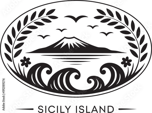 Sicily island italy travel logo with mount etna volcano ocean waves and decorative laurel frame