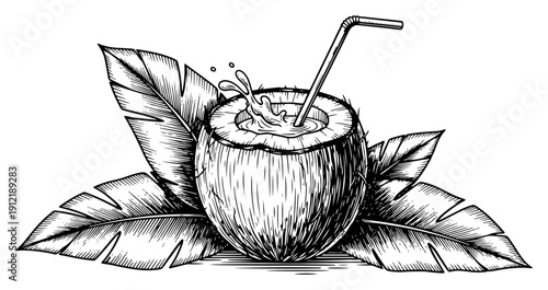 Detailed vintage engraving of a fresh coconut drink with straw and large tropical leaves