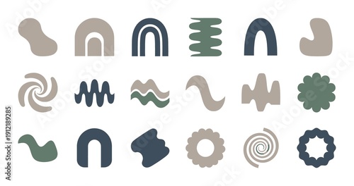 Collection of abstract organic shapes and geometric elements in muted earth tones isolated on white