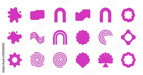 Collection of abstract purple geometric and organic shapes presented on a white background