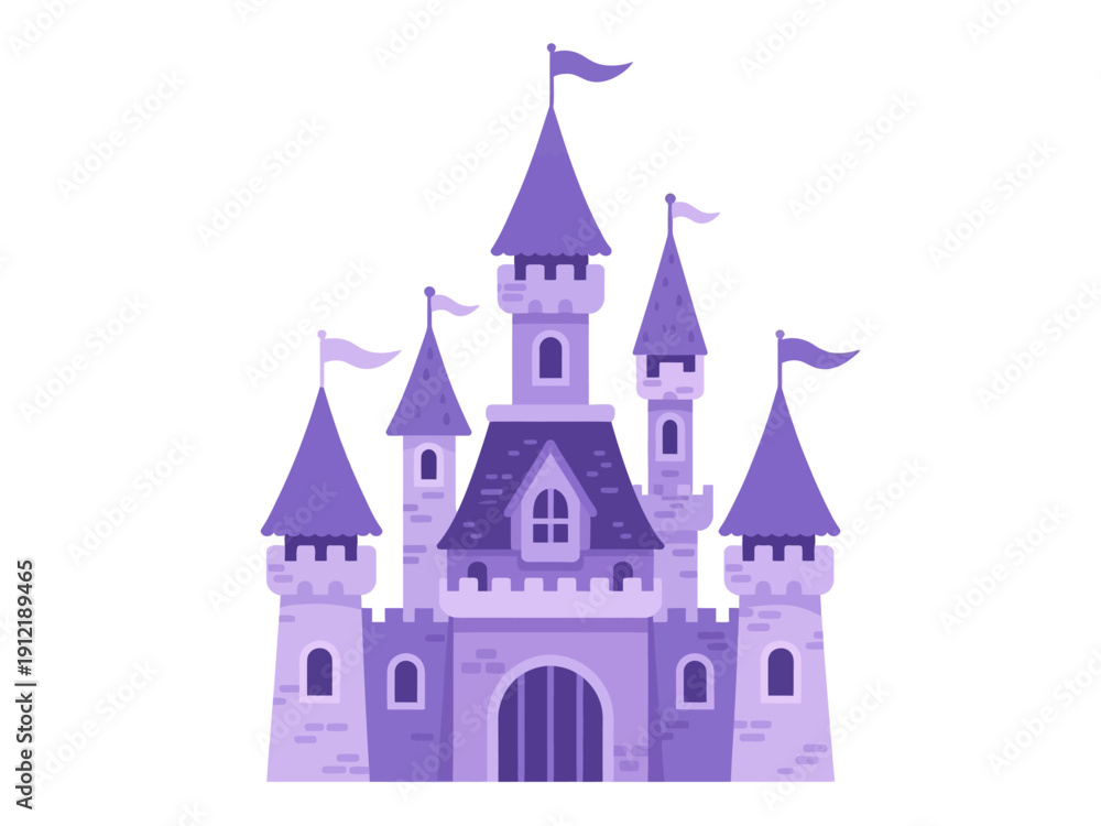 Fototapeta premium Flat purple fairytale castle with tall towers and flags white background fantasy