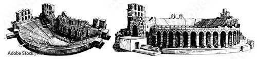 Detailed sketches of ancient Roman and Greek amphitheater architecture in engraving style
