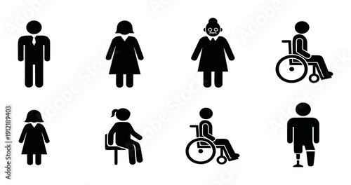Collection of diverse human pictogram figures representing different ages and abilities isolated on transparent background