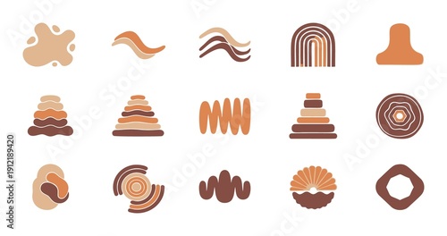 Collection of abstract shapes and stylized objects in earthy tones isolated on transparent background
