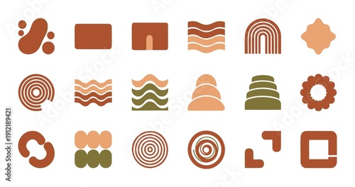 Collection of abstract organic shapes and minimalist geometric elements in earthy tones