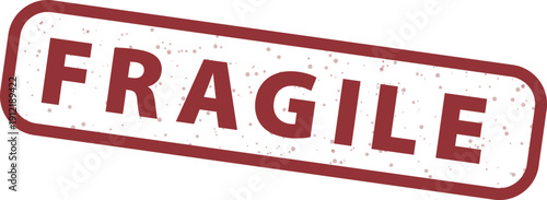 Red rubber stamp graphic displaying the word fragile tilted slightly with distressed texture indicating caution for delicate package handling and shipping contents.