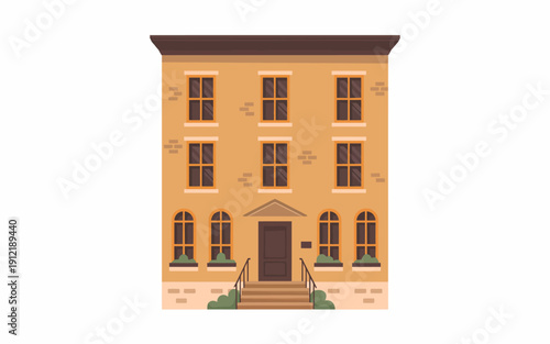 Flat of a story tan building with dark brown roof and windows featuring a central entrance with steps and planters