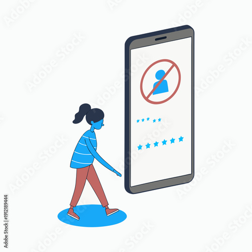 Person rejected from app on phone screen, access denied concept illustration