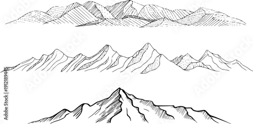 Distinct black and white line mountain range with varied shading techniques landscape