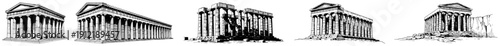 Row of various ancient Greek temple facades in detailed black and white engraving style