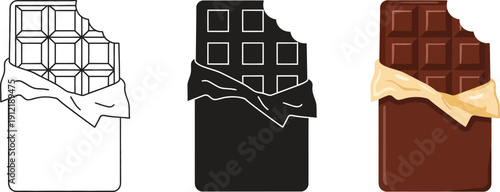 Set of three chocolate bar icons including outline silhouette and full color perfect for food branding and design
