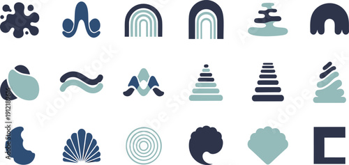 Collection of abstract geometric shapes and icons in a muted color palette for graphic design inspir