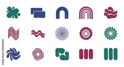Collection of Diverse Abstract Geometric Shapes and Organic Forms in Various Colors