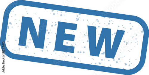 Attention grabbing blue rectangular stamp graphic featuring the bold capitalized word new with a distressed grunge effect isolated on white background for marketing.