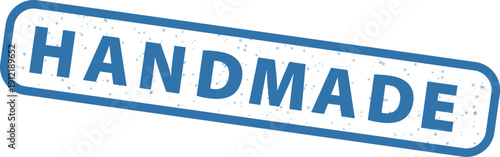 Graphic image displaying a blue rectangular stamp with slightly distressed texture featuring the bold white text word handmade indicating craftsmanship and authentic quality for product labeling.