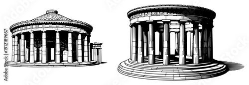 Hand drawn sketch of an ancient circular tholos temple with columns