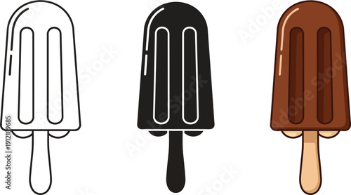 Set of three popsicle icons outline silhouette and chocolate flavor flat vector illustrations for summer treats and frozen desserts