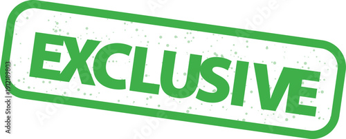 Green rectangular rubber stamp graphic prominently featuring the bold capitalized word exclusive in a slightly distressed texture against a clean white background for design elements.
