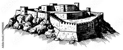 Fortified ancient citadel or castle on a rocky hill with defensive walls
