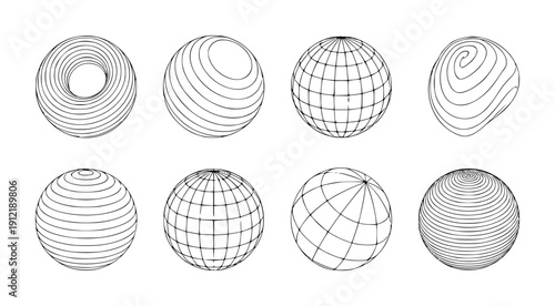 Set of abstract geometric spheres and torus outlines a white background