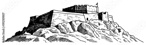 Ancient stone fortress on a rocky hill hand drawn sketch
