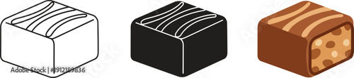 Set of three isometric chocolate candies including outline solid black and detailed illustration perfect for confectionery design and advertising
