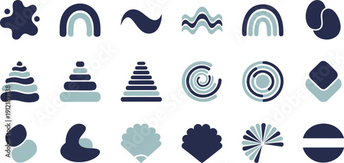 Collection of stylized abstract geometric shapes and playful icons in navy blue and teal
