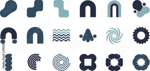 A collection of abstract geometric shapes and organic forms in a modern design aesthetic