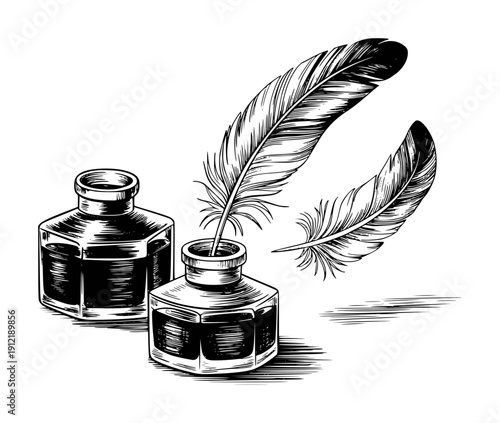 Vintage inkwells and quill pens with hatching detail white background feather writing